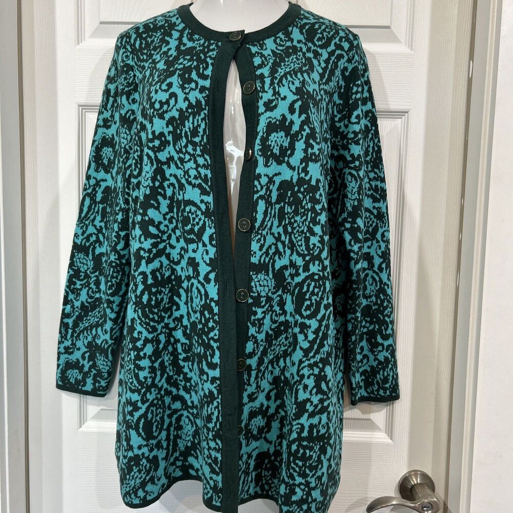 Isaac Mizrahi Long Green Double Knit Duster Sweater Luxe Knit Button Front XL